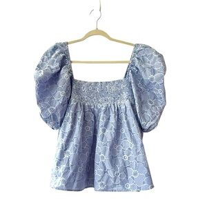 NEW Camellia Blue Smocked And Embroidered Puff Sleeve Babydoll Top
